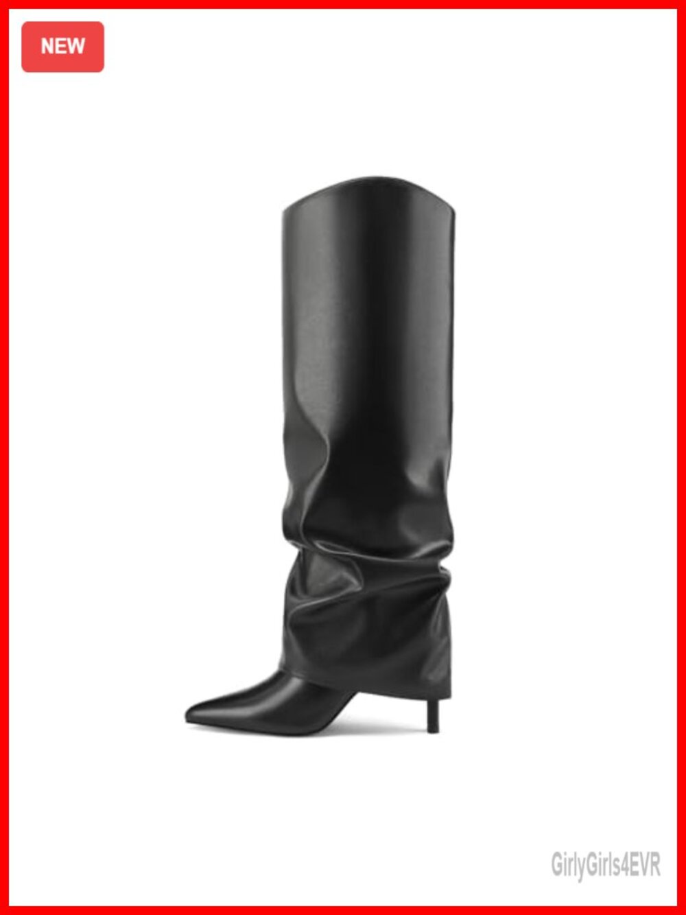 Women's Fold Over Knee High Pointed Toe Stiletto Heel Faux Leather Boots
